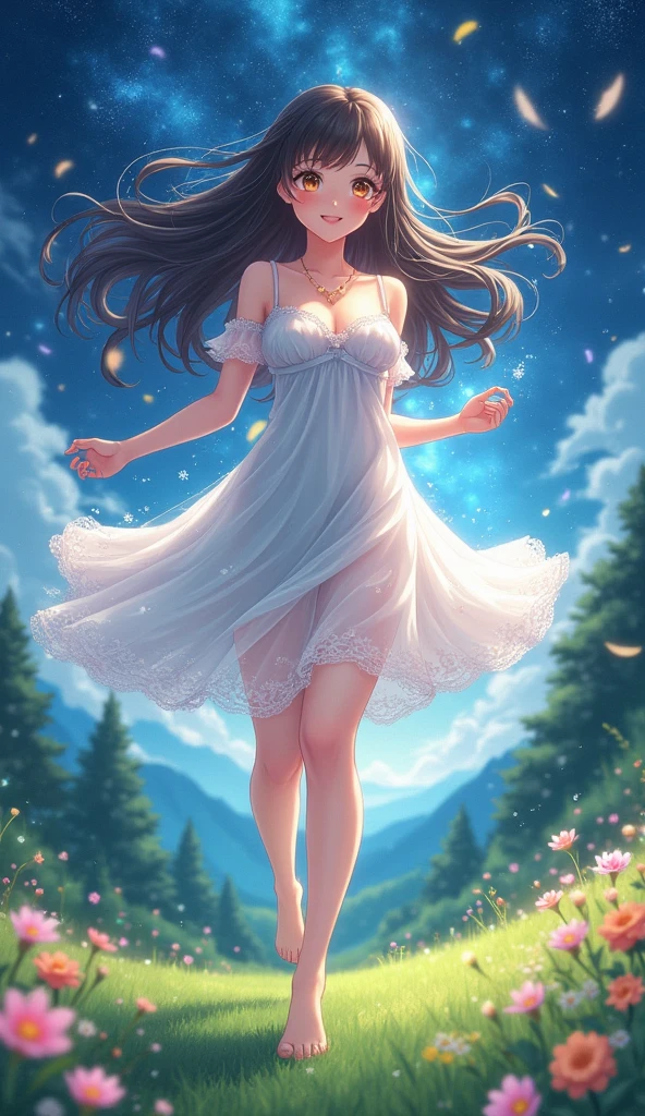 (masterpiece、Highest quality、8k、High resolution)、1 female、Beautiful eyes with slit length、Cute lips、Beautiful Nose、Brownish black hair、smile、(Best anime girl)、Green grassland with forest view、Walking,((Barefoot, off the ground, flying high, high, high, flying and running)),Fantasy art,Colorful flowers blooming in the field,A bright night with the stars clearly visible、milky way、(Mysterious light particles from the whole body、Colorful light particles)、jewelry、necklace、White lace dress、(Beautiful full body style)、Highly detailed anime art、Fantasy art,A complete portrayal、