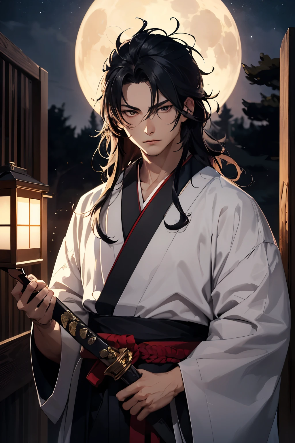 ((Highest quality)), ((masterpiece)), (detailed), man,shrine, shrine, sky, forest, male, man, floating, fighting, sword fighting, jumping, messy hair, hair between eyes,  very long hair, long hair, black hair, brown eyes, big eyes, wide-eyed, tall, wiry, Hunting robe,Onmyoji,kimono, hakama, necklace, with a sword, delicate facial features, toned, 20-year-old, japanese, Scene of Tension, with a shrine, with a tree, with a moon, at night, fantasy, mystical atmosphere, from above, blue hues,male face,Heian period costume,Abe no Seimei,
