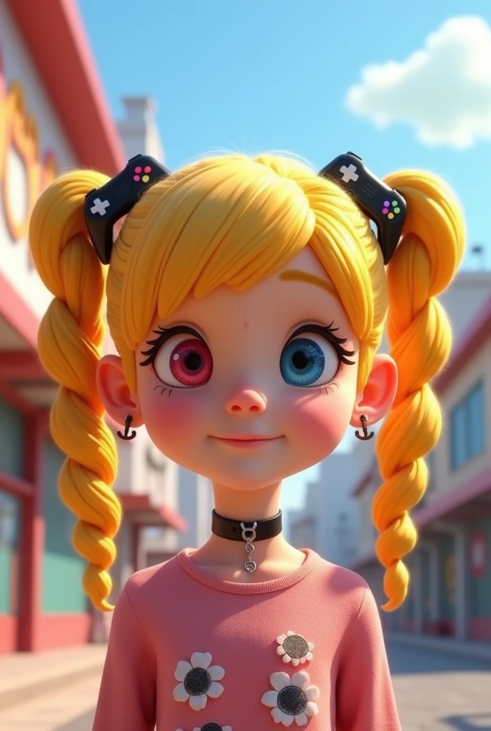3D Pixar Style Girl, Blonde drill twintail, Make your hair twintails, Game controller hair accessories, Wear a black choker around your neck, Cute Billboard, Heterochromia iridis: Left eye is red, Right eye is blue
