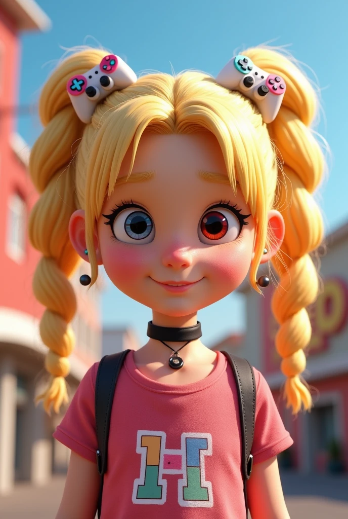 3D Pixar Style Girl, Blonde drill twintail, Make your hair twintails, Game controller hair accessories, Wear a black choker around your neck, Cute Billboard, Heterochromia iridis: Left eye is red, Right eye is blue