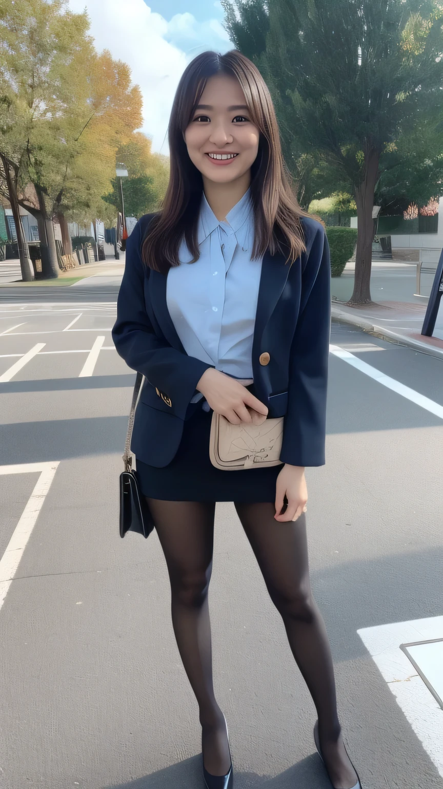 high quality、8k、masterpiece、Ultra-high resolution、Clear photos、Professional Lighting、Natural light、Realistic、Highly detailed skin、Perfect Anatomy、Beautiful fingers、Beautiful Hands、One Woman、Age 25、Baby Face:1.6、Large Breasts、(Large areola)、Glamour、Bob Hair:1.8、Black Hair、Beautiful Hair、smile、(Squint your eyes and laugh:1.1)、office lady、(Black jacket)、White shirt、(Black tight mini skirt)、(Perfect Pantyhose:1.2)、((Black Pantyhose))、blue sky、((at the park))、Attractive pose、((Full Body Shot:1.5))