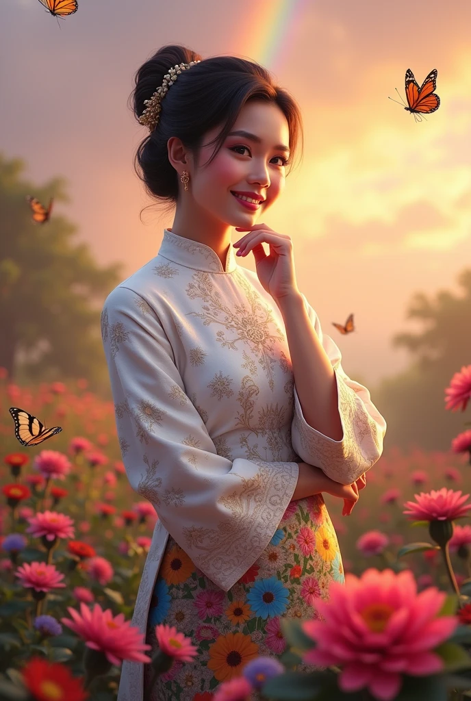 Beautiful Indonesian woman wearing white brocade kebaya , batik fabric, hair in a modern bun. Smiling sweetly at the camera. Looks elegant with hand on chin pose. Beautiful flower garden background with colorful flowers and butterflies flying above the flowers.. The twilight atmosphere is orange with a beautiful rainbow