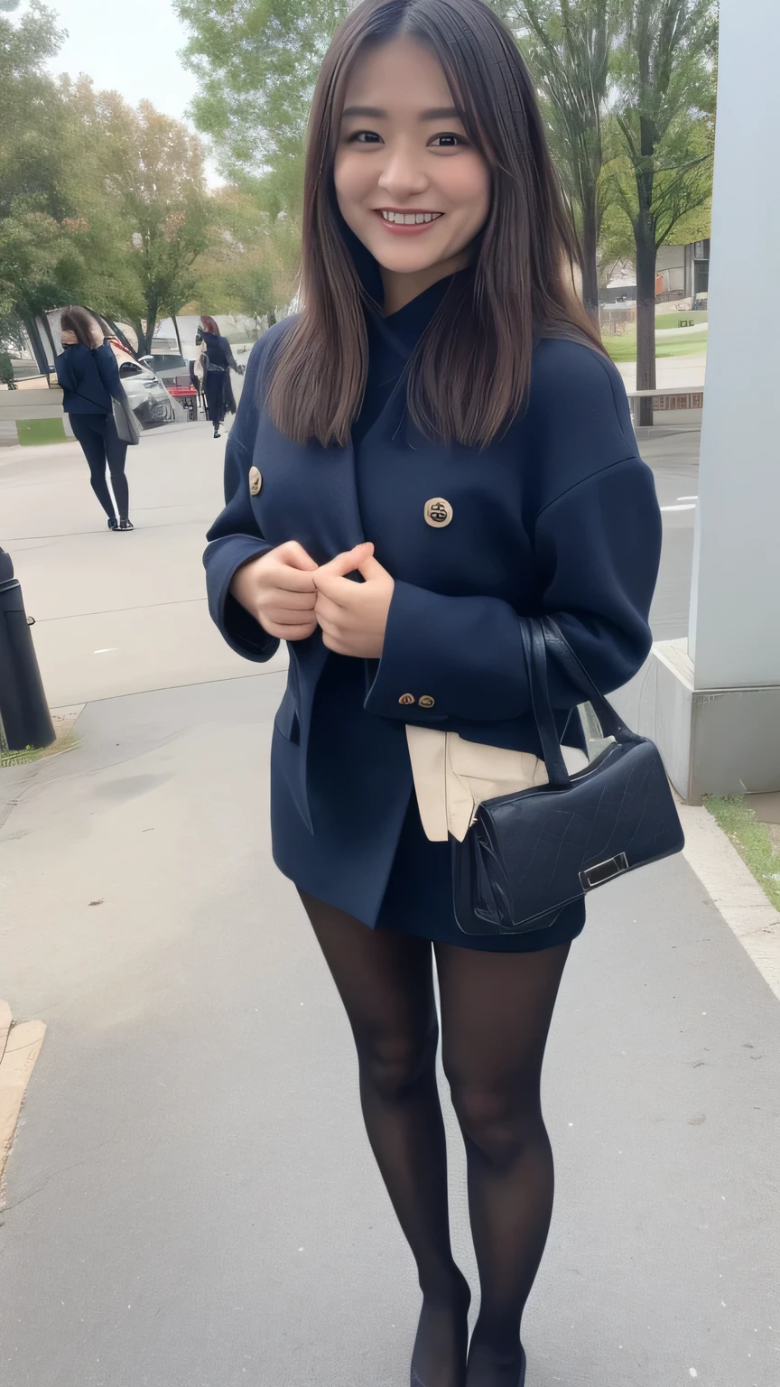 high quality、8k、masterpiece、Ultra-high resolution、Clear photos、Professional Lighting、Natural light、Realistic、Highly detailed skin、Perfect Anatomy、Beautiful fingers、Beautiful Hands、One Woman、Age 25、Baby Face:1.6、Large Breasts、(Large areola)、Glamour、Bob Hair:1.8、Black Hair、Beautiful Hair、smile、(Squint your eyes and laugh:1.1)、office lady、(Black jacket)、White shirt、(Black tight mini skirt)、(Perfect Pantyhose:1.2)、((Black Pantyhose))、blue sky、((at the park))、Attractive pose、((Full Body Shot:1.5))
