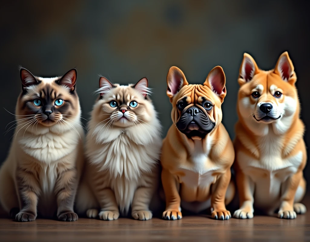 a beautiful detailed siamese cat,a detailed persian cat,a detailed bulldog,a detailed akita dog,highly detailed animal portraits,realistic animal photos,award winning animal photography,ultra detailed fur texture,soft ambient lighting,intricate fur details,warm color palette,depth of field blur,natural animal poses