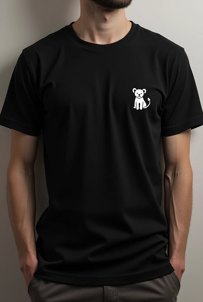 Make a black shirt, with a small logo , like a drawing of a lion , I don't want the lion to be realistic , but in the form of a drawing, qr the lion cub , I want it to be small!! Like a label on the shirt.
