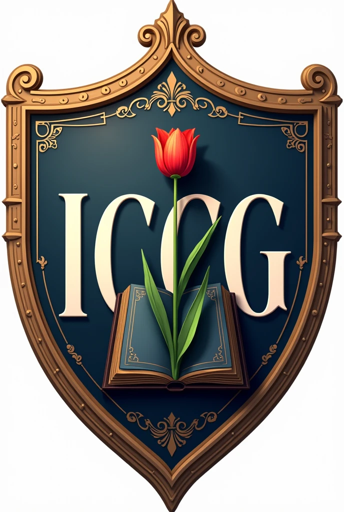 Create a Shield logo with upercase text " i c c g " and a bible with one tulip