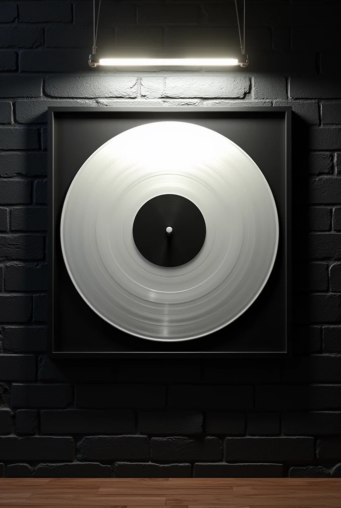 Un disque vinyl blanc encadrer sur un tableau  accrocher sur un mur de brick noir eclairer par un neon mise en exposition comme un musée 
