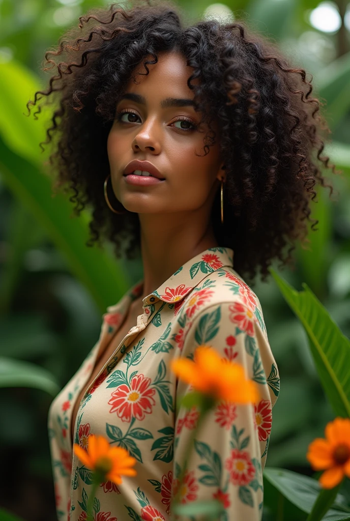 A Brazilian woman in a lush tropical garden, wearing an open shirt with a floral print, with a close-up capturing the harmonious beauty between her breasts and the natural flowers, showing off your natural charm and outgoing personality.