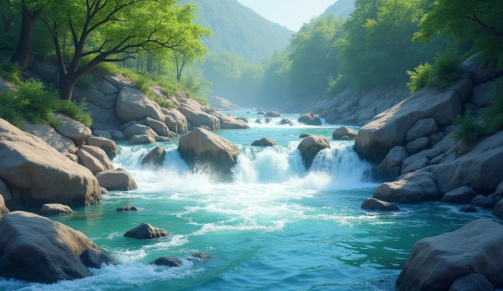 the river flows fast and clear with beautiful rocks