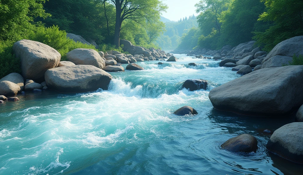 the river flows fast and clear with beautiful rocks
