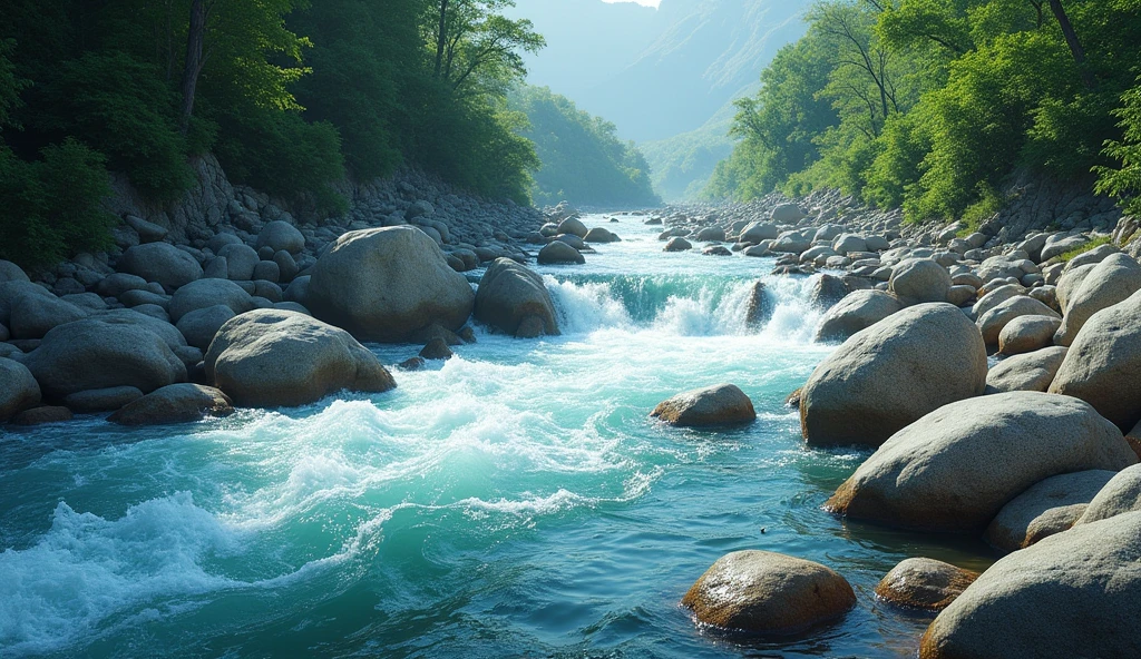 the river flows fast and clear with beautiful rocks
