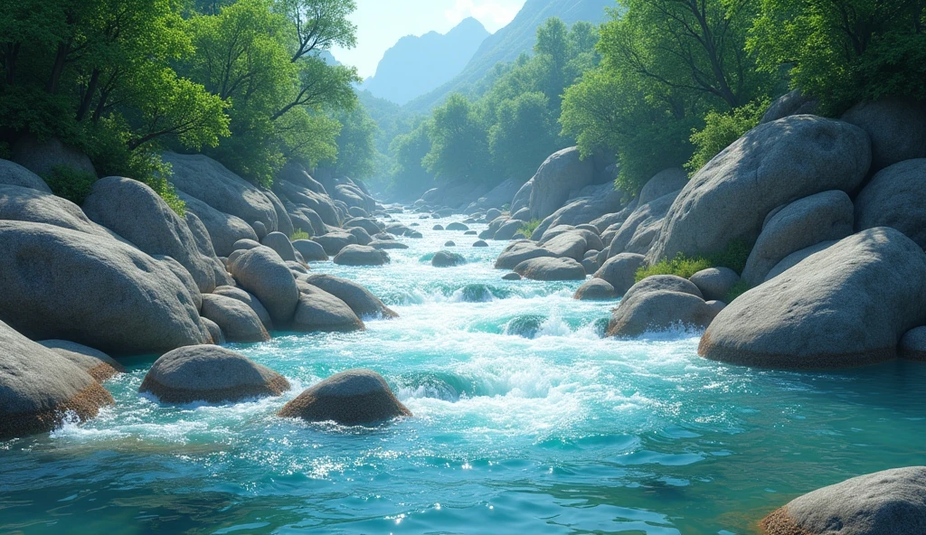 the river flows fast and clear with beautiful rocks
