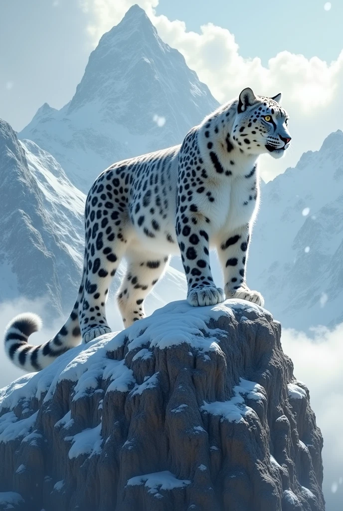 **Mountain Sovereign Duel:**
"Create a highly realistic and immersive scene featuring a colossal, mythical snow leopard seamlessly integrated with the rugged, icy mountain peaks. The leopard should have highly detailed fur with natural patterns, piercing eyes, and a commanding presence. The mountain should be depicted with intricate crags and textures, enveloped in swirling high-altitude clouds and gently falling snowflakes. The scene should emphasize a profound sense of scale and depth, using ultra-realistic colors and textures to convey the majesty of the mountain and the power of the predator."
### **Instructions for SeaArt AI:**
1. **Model Selection:**
- **Realistic Alpine Mix:** Choose models designed for photorealistic textures and details, suitable for high-fidelity mountain and animal depictions.
- **LoRA:** Focus on enhancing the realistic details of the leopard’s fur, mountain textures, and snow effects for a lifelike appearance.
2. **Style and Lighting:**
- **Photorealistic Alpine Style:** Emphasize true-to-life textures and natural light effects.
- **Advanced Realistic Lighting:** Use ComfyUI to adjust light intensity and natural shadow play, highlighting the realistic details of the leopard and the snowy environment.
3. **Image Refinement:**
- Generate multiple variations and select the one with the best balance of realism and detail.
- Use the **Canvas** tool for precise manual adjustments, particularly to enhance the realistic textures of the leopard’s fur and the mountain’s rugged surface.
- Apply **Swift AI tools** to increase sharpness and resolution, focusing on realistic detail enhancement.
4. **Color Palette:**
- Use true-to-life cool blues and whites for the mountain and snow.
- Incorporate realistic soft grays and whites for the leopard’s fur, ensuring natural color variations.
5. **Post-Processing:**
- Apply **Advanced Repair** to clean edges and maintain intricate realistic details.
- Use subtle color
