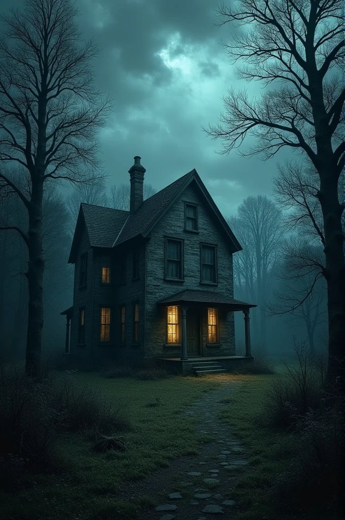 A old house in a dark forest.the house contain a single light source.the weather was so horrible.the forest is calm and quite.