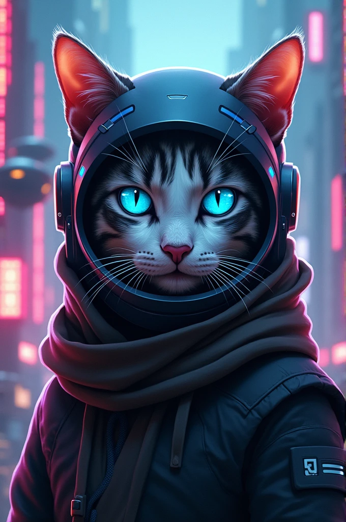 Cat in a blue eyes and helmet