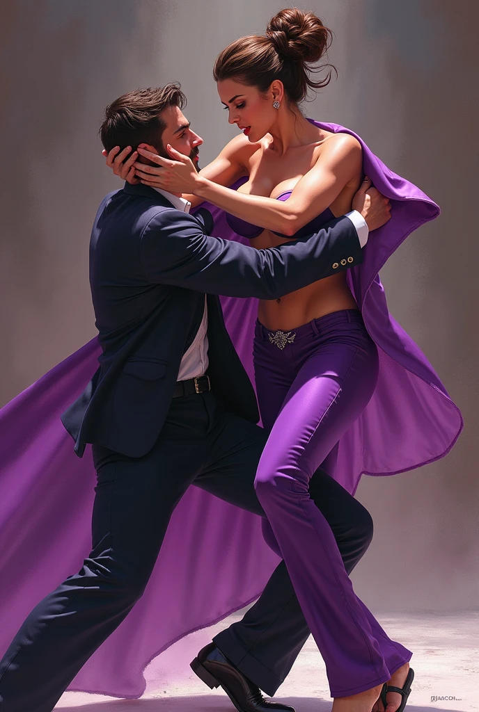 Hard Fighting, mistress smashes man ,Beautiful Mistress,brown bun hairs, wearing purple boot-cut pants, wearing purple underwear, wearing black sandals, handsome man, man wearing suit