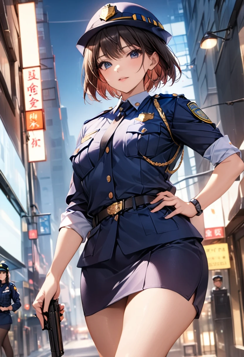 Highest quality、masterpiece、8k、Realistic、超High resolution、Very delicate and beautiful、High resolution、Cinema Lighting、medium range shooting、Perfect female body、Beautiful woman、Mature Woman、Beautiful Eyes、Cityscape、(short hair:1.8、Black Hair)、((Female police officer:1.4、紺色のFemale police officer、Female police officerの制帽、Uniform Buttons、Navy blue tie、Uniform jacket、White gloves))、pantyhose、Pencil Skirt、Stiletto heel pumps、Police Badge、Epaulettes、