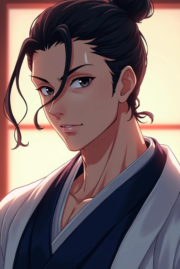 Please create a refreshing, handsome samurai wearing a hakama in an anime style. Only from the chest up, please.