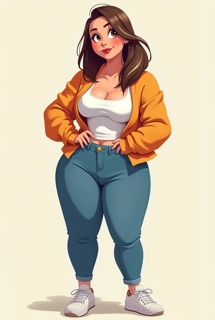 Create a cartoon image that looks like me.
light brunette, brown hair with a streak, thin blonde on each side, shorth hair, big chest big hips and big butt and thin thin waist in tight jeans