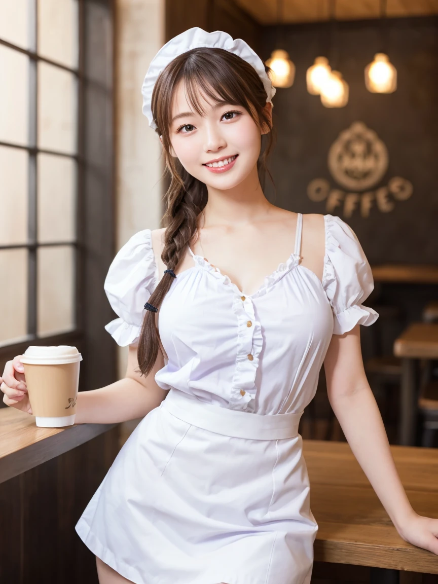 1 girl、(RAW Photos、Highest quality)、(Real、フォトReal:1.4)、Tabletop、Very delicate and beautiful、Very detailed、2k wallpaper、wonderful、Detailed、Very detailedCG Unity 8k壁紙、Super detailed、20-year-old、((Pale purple waitress outfit))、mini skirt、Frillsスカート、Big Breasts、Perfect Style、Frills、ribbon、Soft Light、Beautiful detailed girl、Braided Hair、Puff sleeves、Waitress in a café、smile、Happy Face、coffee shop、Coffee Drip