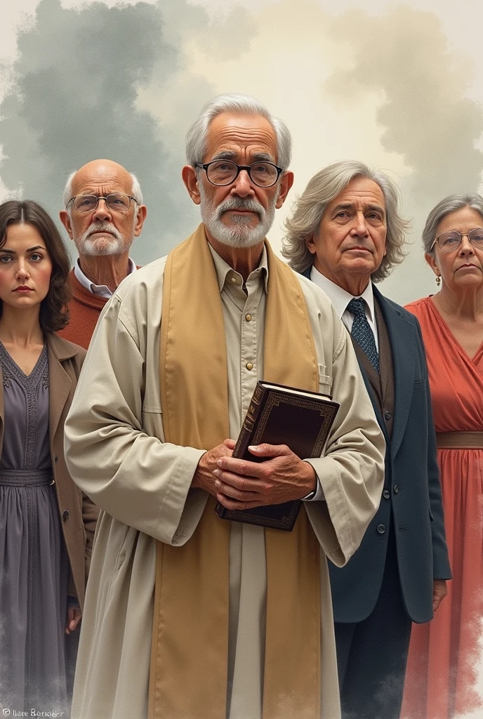 (abstract ,easy water color) , a old men with circle glasses holding a bible,
(three young american pastors) , FIVE (5) old western women in a dress , (one boy) in a formal suite, (facial expression solemn and brave), Christian Church at background, this art is about honoring them.