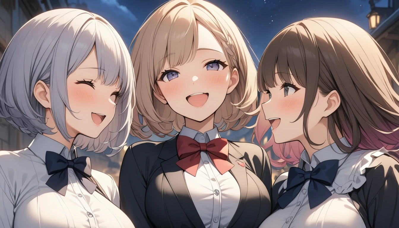 Three Women、Different hair colors、Different hairstyles、Short Hair、Large Breasts、Each one in different clothes、Wearing a bow tie、laughing、Face to face、Upper Body、Atelier、night