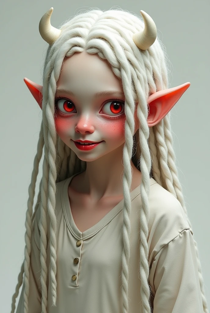 1 fille,blushed, very long hair, Croc, Corne, white dreadlocks hair, front teeth, light smile, Red lips, evil smile, multiple views,