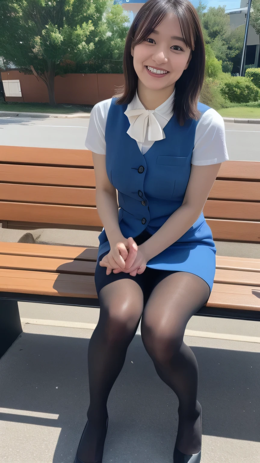 high quality、8k、masterpiece、Ultra-high resolution、Clear photos、Professional Lighting、Natural light、Realistic、Highly detailed skin、Perfect Anatomy、Beautiful fingers、Beautiful Hands、One Woman、 25、Bab6、Large Breasts、(Large areola)、Glamour、Bob Hair:1.8、Black Hair、Beautiful Hair、smile、(Squint your eyes and laugh:1.1)、office lady、(Black vest)、White short sleeve shirt、Blue ribbon、(Black tight mini skirt)、(Perfect Pantyhose:1.2)、((Black Pantyhose))、blue sky、((at the park))、Sit on a bench、Obscene pose、((Full Body Shot:1.5))