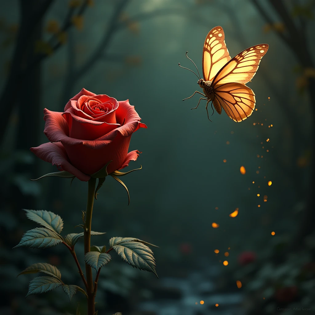 A wilted rose in the light、sorrow、beauty and the beast、face down、butterfly、金色に光るbutterfly