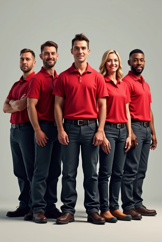 Imagine a 2D image, realisitic, showing seven professionals. Five of them are lined up next to each other, side by side on the back of the image: a hydraulic fireman, a carpenter, a residential painter, a gasman and an engineer. All five professionals are wearing red polo shirts and black jeans.. 

In the front row of 5, there are two more professionals, also side by side, wearing the same clothes: red t-shirt and black jeans. The professional on the left in front