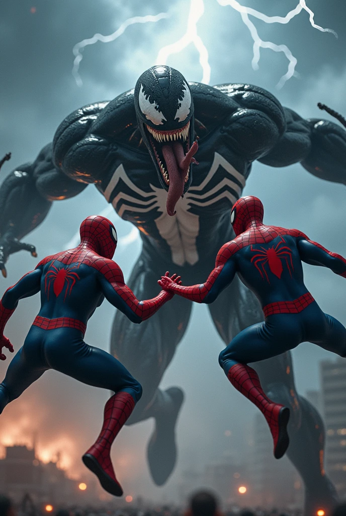 Two spidermans jumping to venom with angry face at thunder