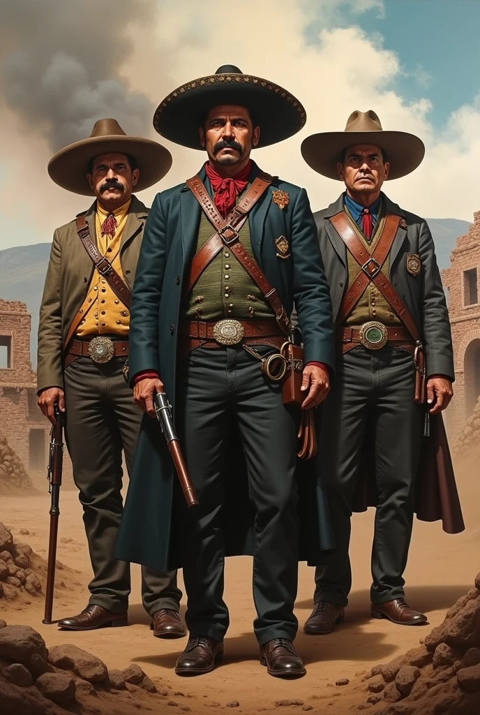 create an image about zapata, Pancho Villa, and porfirio diaz