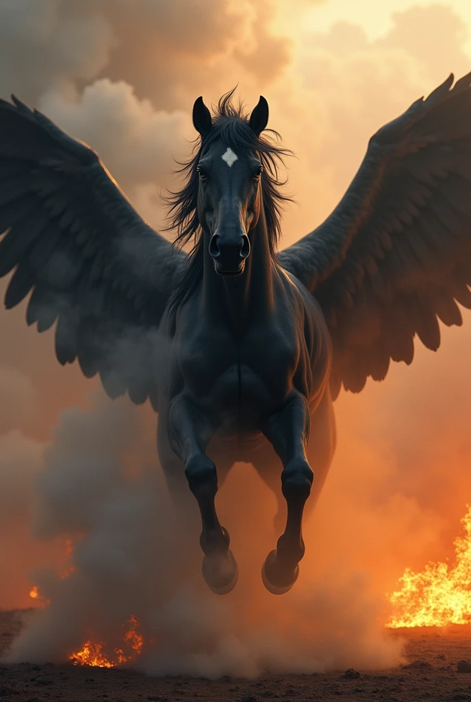 A powerful untamed black Pegasus emerging from fire and smoke in a cinematic painting of the highest quality, with the sensation that it is leaping towards the camera, emerging from the cloud of smoke and fire, realisticc photo masterpiece, best quality