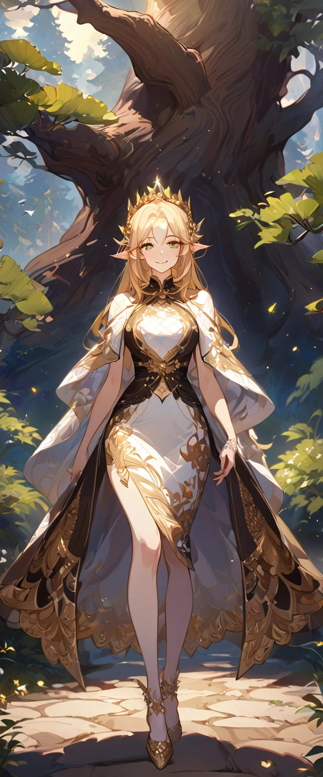 masterpiece, best quality, 8k ,4k , 1girl, elf queen, blond reddish hair, green eyes, big chest, gold wreath crown, hair ornament, finely detailed eyes and detailed face, looking at viewer, white sleeveless, Lace dress, patterned clothes, gold embroidery clothes, meticulous clothes, mature clothes, transparent cape with lace, majestic looks, smiling gently, small bird, full body, big tree background, inspired by Asukaziye artist : ask, art style : ask