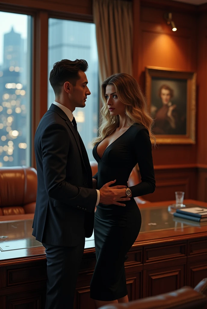 In an opulent, richly decorated executive office with floor-to-ceiling windows offering a panoramic view of the city skyline, Lady Vivienne Hawthorne, a sophisticated and alluring 40-year-old billionaire, is standing close to Alex Tanaka, her young 1 intern. The office exudes power and luxury, with dark mahogany furniture, plush leather chairs, and elegant art pieces adorning the walls.

Vivienne, dressed in a sleek, tailored pencil skirt and a silk blouse that hints at her curves, leans subtly against her expansive mahogany desk. Her long, dark blonde hair is styled in loose waves that frame her striking face, and her piercing blue eyes are locked onto Alex’s with a mix of confidence and desire. She stands just a bit too close, her hand resting lightly on his arm as she speaks in a low, sultry voice, her body language radiating seduction.

Alex, dressed in a smart suit, stands before her, clearly nervous but unable to tear his eyes away from her. His posture is slightly stiff, his hands fidgeting as he tries to maintain his composure in the presence of such a powerful and captivating woman. The tension in the room is palpable, with the city lights outside providing a soft, ambient glow that adds to the intimate atmosphere.

Vivienne’s office is a place of control and authority, yet in this moment, she uses it as the perfect backdrop for her seductive advances. The scene captures the sharp contrast between Vivienne’s experience and calculated seduction, and Alex’s youthful uncertainty, creating a charged moment filled with temptation and the allure of forbidden desire. Highly detailed, soft lighting, luxurious and intimate mood, 8K.

