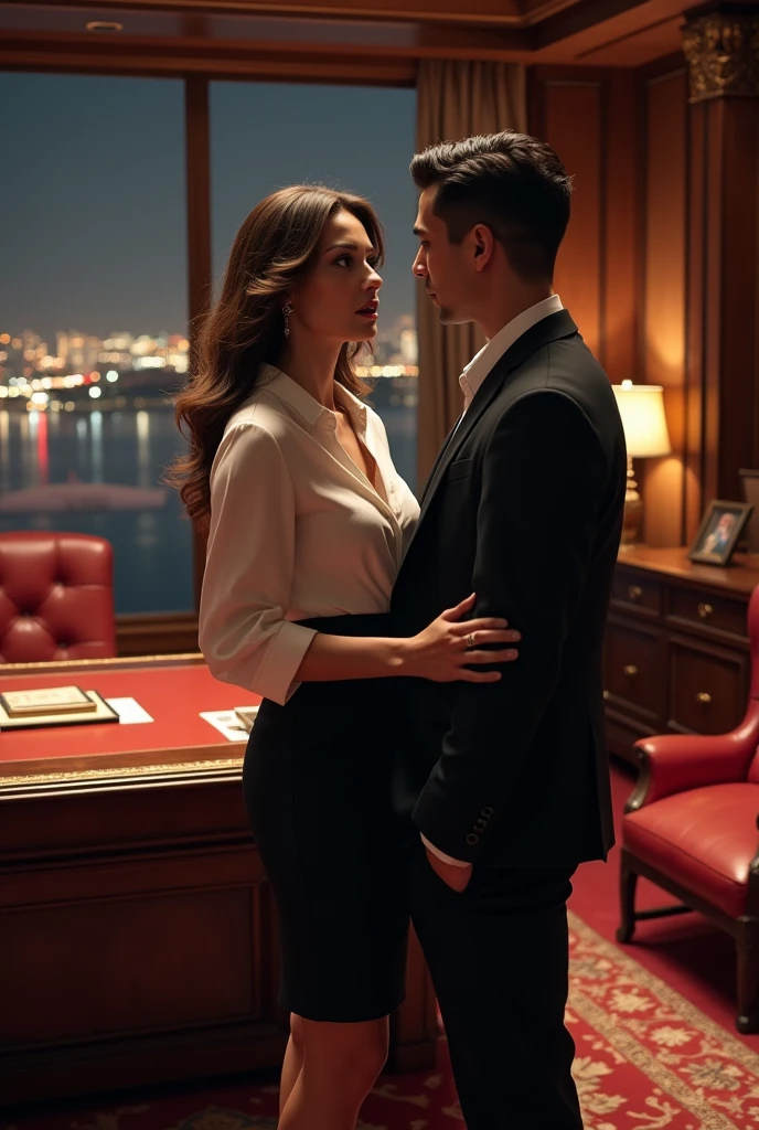 In an opulent, richly decorated executive office with floor-to-ceiling windows offering a panoramic view of the city skyline, Lady Vivienne Hawthorne, a sophisticated and alluring 40-year-old billionaire, is standing close to Alex Tanaka, her young 1 intern. The office exudes power and luxury, with dark mahogany furniture, plush leather chairs, and elegant art pieces adorning the walls.
Vivienne, dressed in a sleek, tailored pencil skirt and a silk blouse that hints at her curves, leans subtly against her expansive mahogany desk. Her long, dark blonde hair is styled in loose waves that frame her striking face, and her piercing blue eyes are locked onto Alex’s with a mix of confidence and desire. She stands just a bit too close, her hand resting lightly on his arm as she speaks in a low, sultry voice, her body language radiating seduction.
Alex, dressed in a smart suit, stands before her, clearly nervous but unable to tear his eyes away from her. His posture is slightly stiff, his hands fidgeting as he tries to maintain his composure in the presence of such a powerful and captivating woman. The tension in the room is palpable, with the city lights outside providing a soft, ambient glow that adds to the intimate atmosphere.
Vivienne’s office is a place of control and authority, yet in this moment, she uses it as the perfect backdrop for her seductive advances. The scene captures the sharp contrast between Vivienne’s experience and calculated seduction, and Alex’s youthful uncertainty, creating a charged moment filled with temptation and the allure of forbidden desire. Highly detailed, soft lighting, luxurious and intimate mood, 8K.