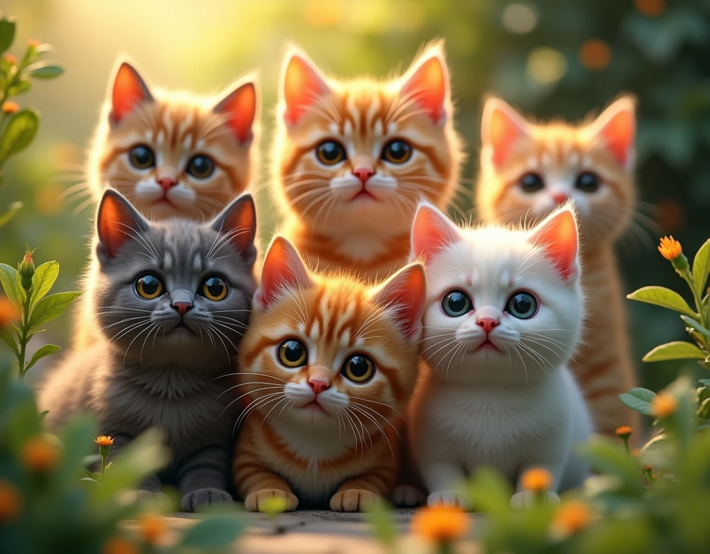 a group of diverse cats, beautiful detailed eyes, beautiful detailed lips, extremely detailed eyes and face, long eyelashes, feline, furry, whiskers, playful, curious, in a natural setting, lush greenery, sunlight, high quality, 8k, photorealistic, masterpiece, vibrant colors, dynamic lighting