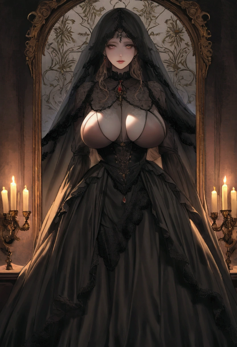 A dark and atmospheric oil painting featuring a stunning Victorian-era woman. She wears an elaborate, high-necked gown adorned with lace and intricate embroidery. Her expression is mysterious, with beautiful eyes that hint at hidden secrets. The setting is a dimly lit, gothic interior, with heavy velvet drapes, a grand fireplace, and an ornate, antique mirror reflecting the flickering light of a candelabrum. Shadows loom in the corners, and the air seems thick with an otherworldly presence, giving the scene an occult and eerie feel. ((Revelating Big boobs)), sexy, detailed face