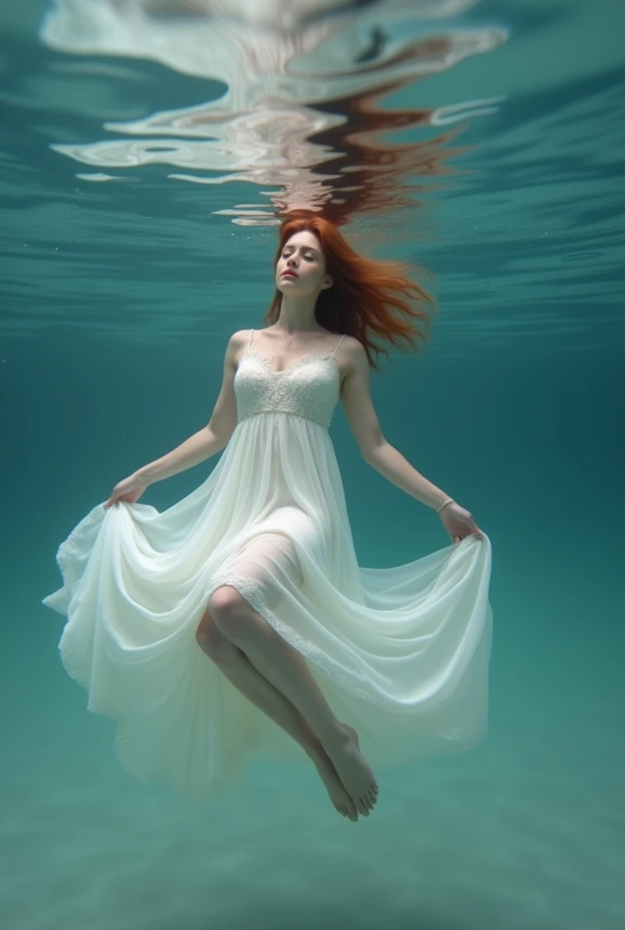 There is a russian woman in a white dress floating in the water, floating underwater, floating drowned, floating in water, female floating, underwaterphotograph, Portrait of a woman underwater, she is floating in the air, dramatic floating pose, floating in perfume, underwater photo, elegant floating pose, underwaterphotograph, floating underwater in a lake, submerged in water,skin texture,8K,large breasts,redhead,irish fair skin.