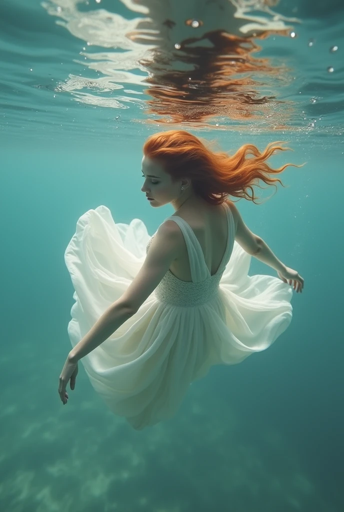 There is a russian woman in a white dress floating in the water, floating underwater, floating drowned, floating in water, female floating, underwaterphotograph, Portrait of a woman underwater, she is floating in the air, dramatic floating pose, floating in perfume, underwater photo, elegant floating pose, underwaterphotograph, floating underwater in a lake, submerged in water,skin texture,8K,large breasts,redhead,irish fair skin.