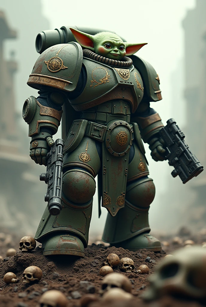 Baby yoda as a 40k space marine,warhammer 40k era,high quality,blurred background,standing on a mountain of skulls, huge body, muscular, heroic scene, equipped with a 40k storm-hammer and a 40k bolter gun, shot from below
