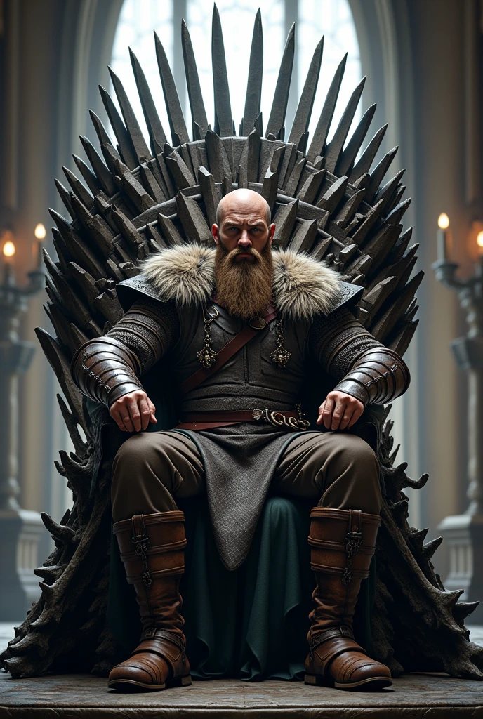 Ragnar Lothbrok o viking, sentado no trono de ferro de game of thrones