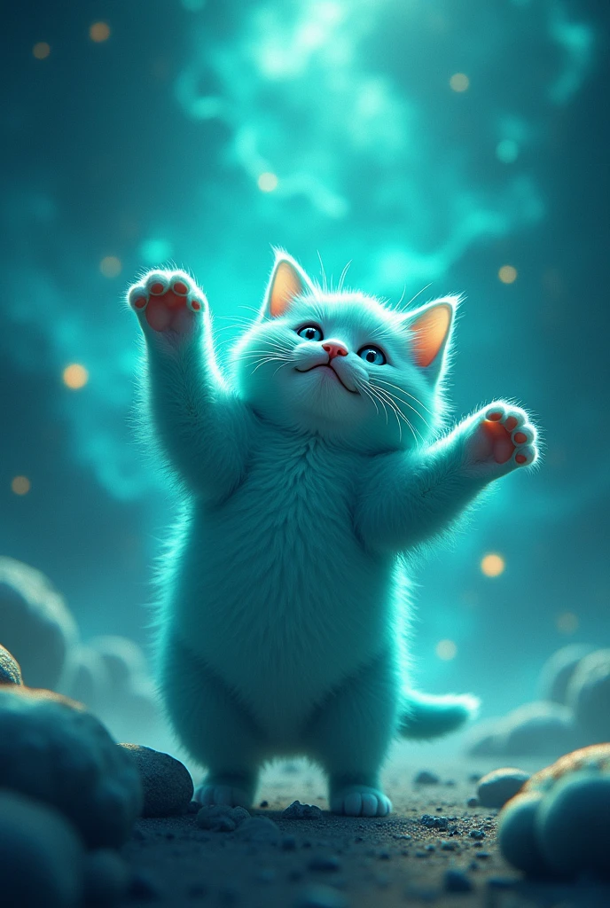 create a turquoise cat, fluffly, realisitic, he is playing with the sky, com as patas para cima, your paws are perfect, realisitics, he plays happily, the turquoise galaxy background 