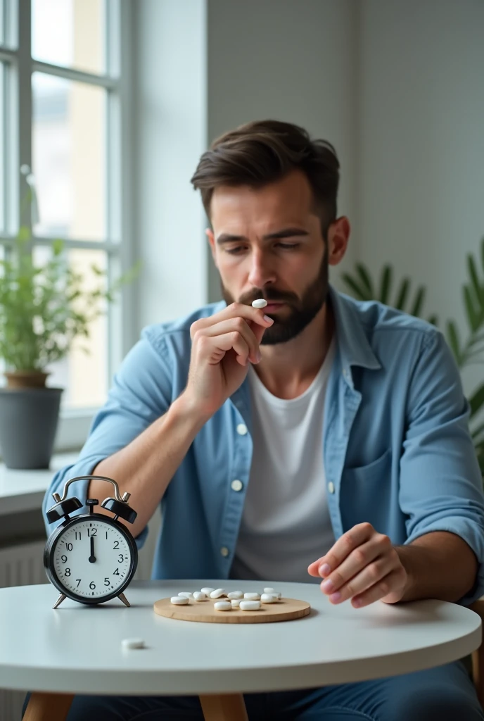 A man eating medicine with a timer beside him