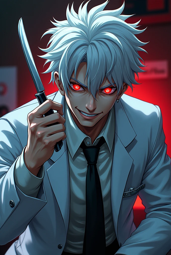 Man with white hair and red eyes, with a slight psychopathic smile, doctor with scalpel. cheered up. anime.