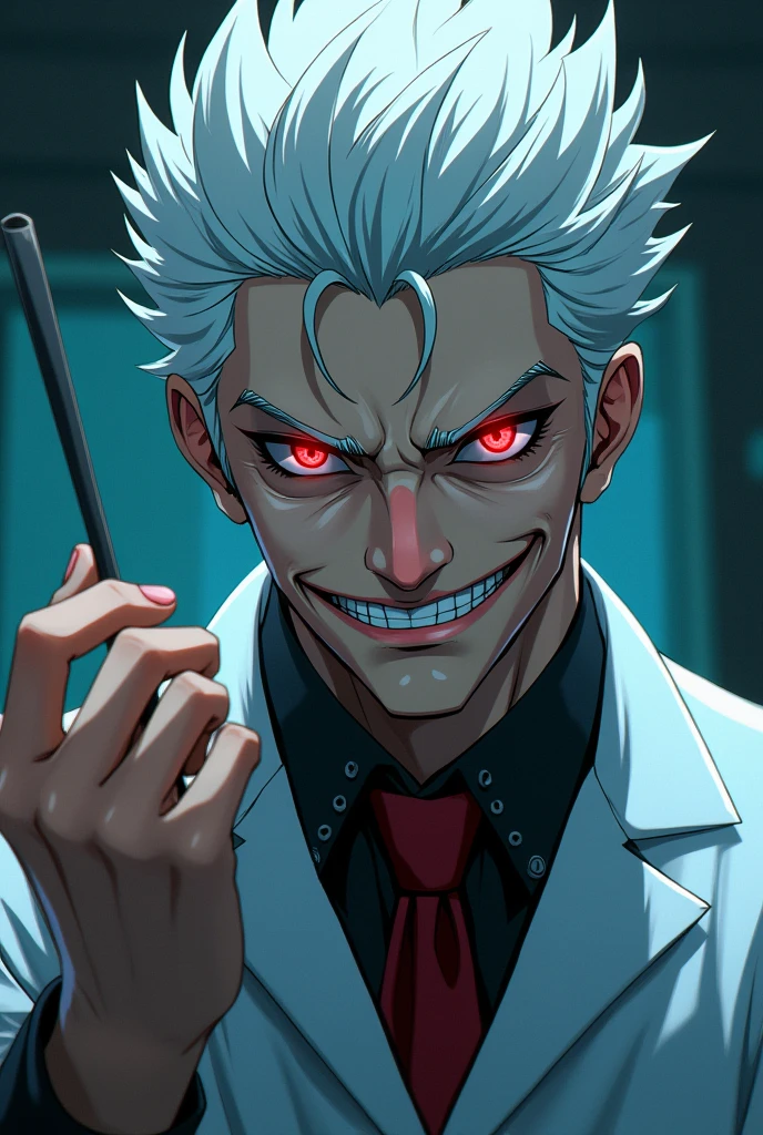 Man with white hair and red eyes, with a slight psychopathic smile, doctor with scalpel. cheered up. anime.