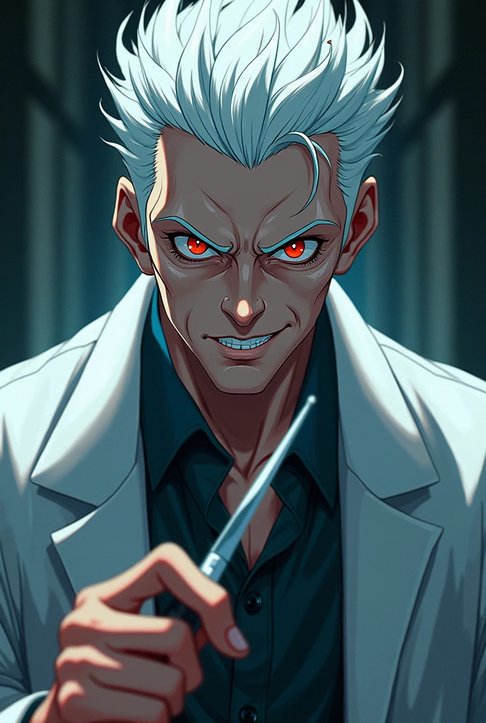 Man with white hair and red eyes, with a slight psychopathic smile, doctor with scalpel. cheered up. anime.