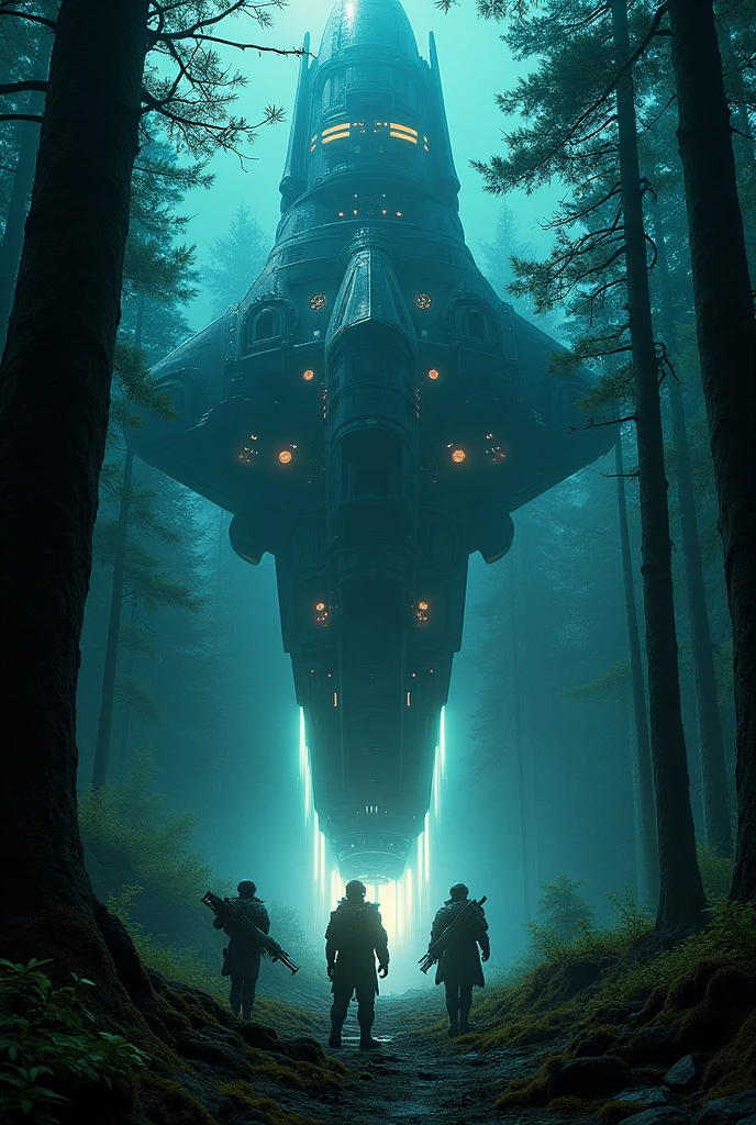 Huge spaceship inside forest at night with heavily armed space beings.