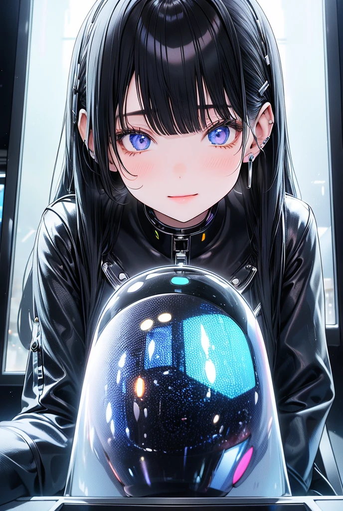High resolution, Anatomically correct, At the counter of a futuristic cafe、It depicts a girl gazing at a holographic menu.。The interior of the cafe has a shiny metallic design.、It features transparent chairs and neon signs.。The girl is in a casual cyber suit、Wearing headsets and cyber accessories。