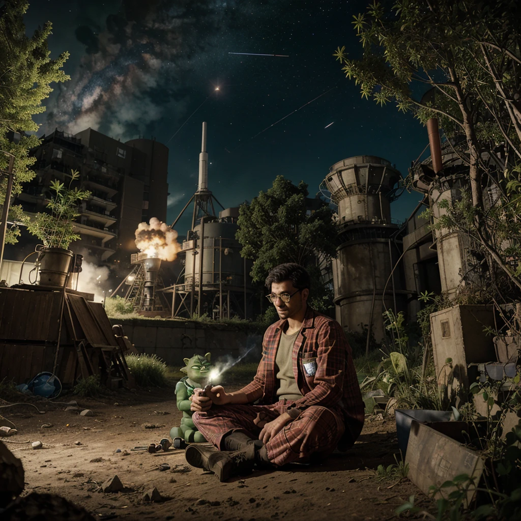 A surrealist comic-style scene with an engineer in a lab coat and glasses, a robot boy, a hairy werewolf in a red checkered shirt, Yoda, and a cosmonaut. The engineer is using a large machine with gears and tubes. The robot boy is sitting on the ground. The werewolf is eating a cannabis plant. Yoda mows poppy plantations. In the background, there is a cosmic scene with tents, smokestacks, and a rocket on a launch pad.